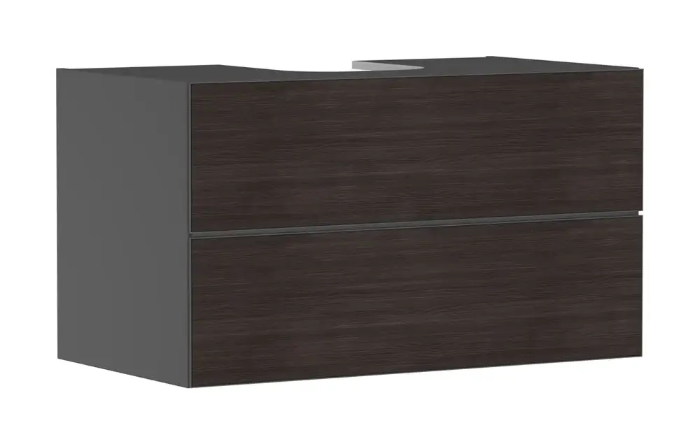 Schwarzer Waschtischunterschrank mit zwei Schubkästen und abgerundeter Aussparung an der Oberseite. Produkt von Hansgrohe, geeignet für Aufsatzwaschtische.